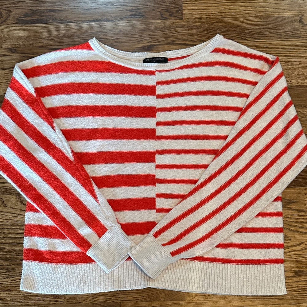 Banana Republic Red/Orange and White Striped Crewneck Sweater